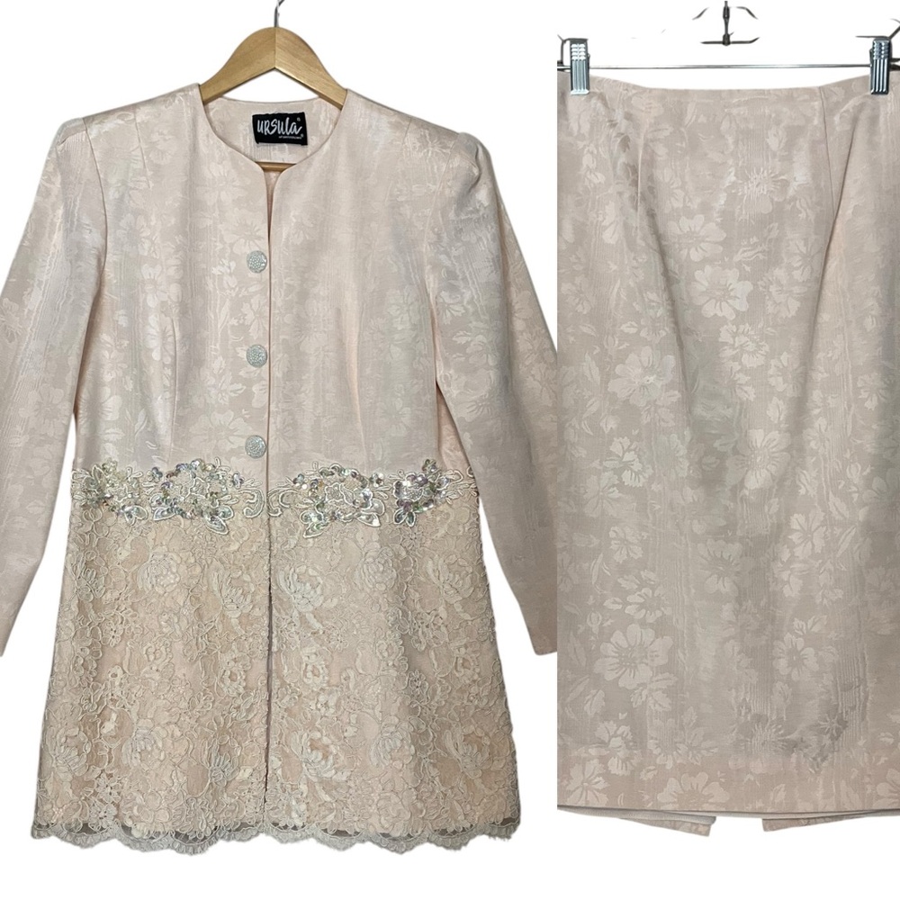 vtg URSULA OF SWITZERLAND sz 8 Elegant Jacquard Skirt Set Buttons Sequins Beads
